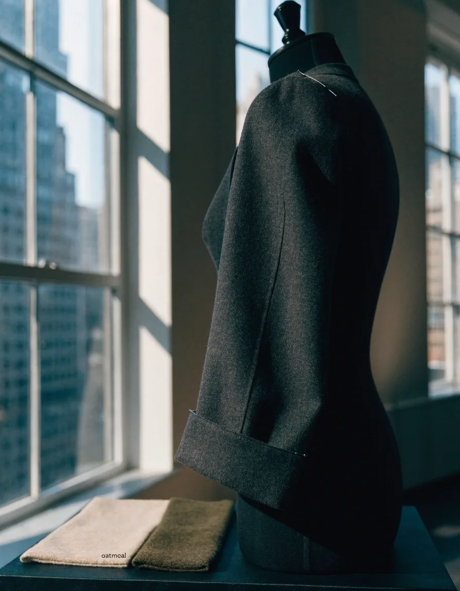 Folded wool blazer and fabric swatches on an editor's studio table