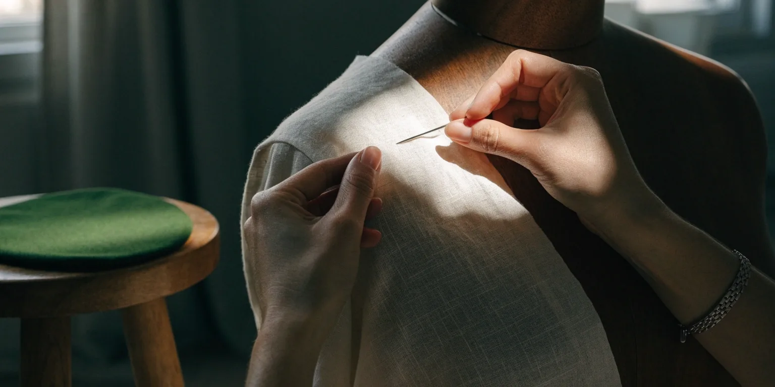 Two fabrics pinned on a dress form shoulder in a quiet studio