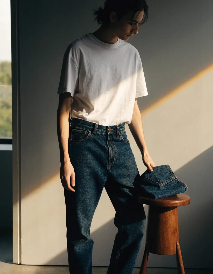 A plain pair of straight-leg jeans folded over a wooden stool in daylight