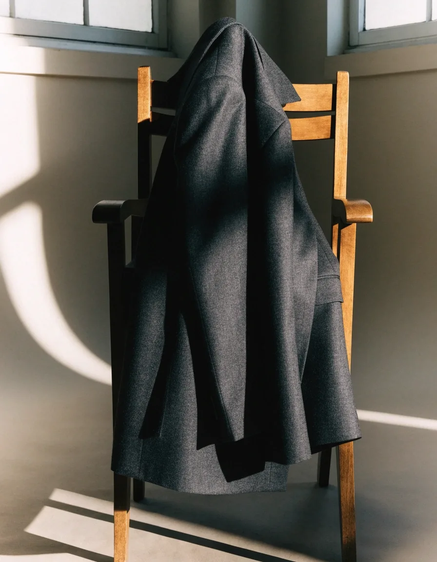 A single tailored garment draped over a wooden chair in a bare studio, lit from the side