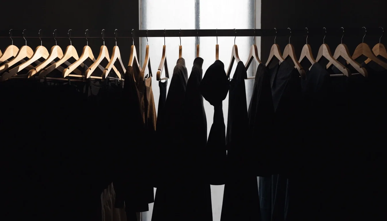 A rack of garments on simple hangers backlit by a studio window