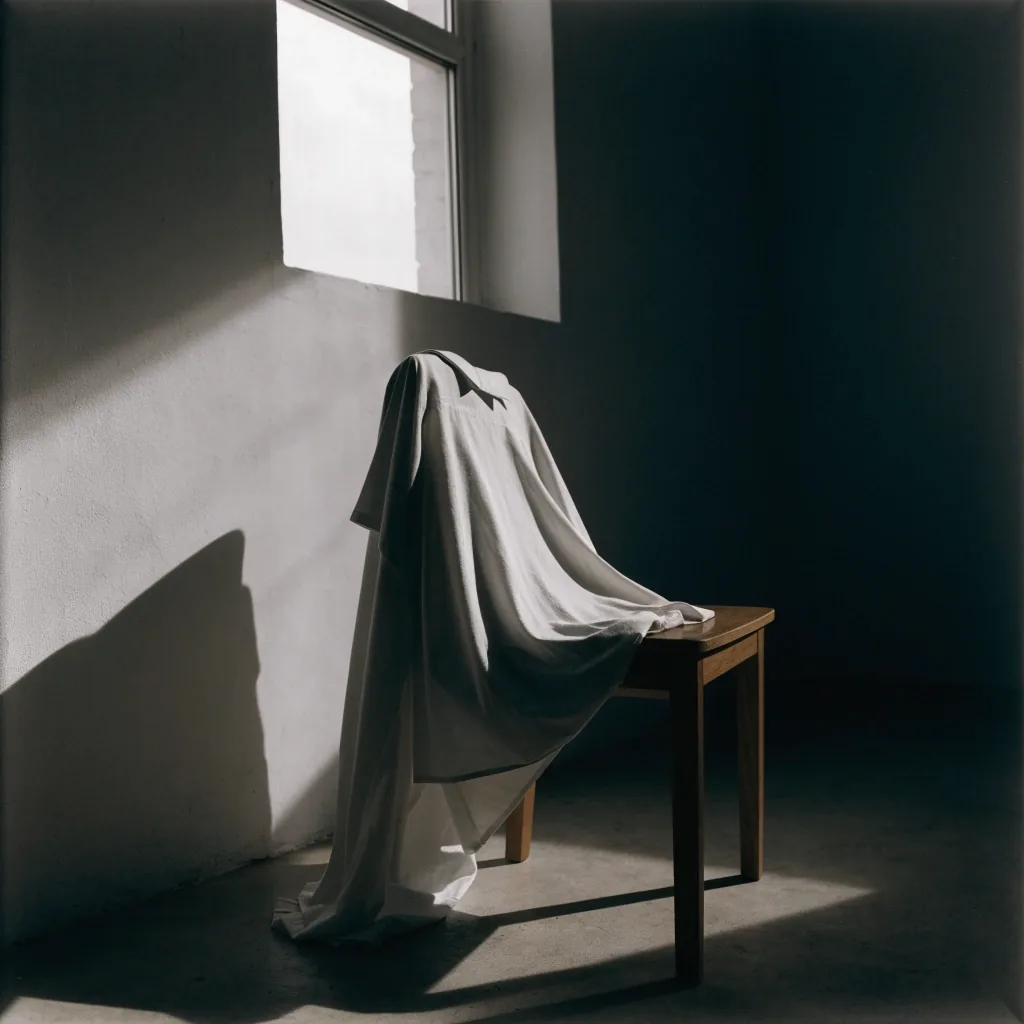 A single garment draped over a plain wooden chair, side-lit by a window