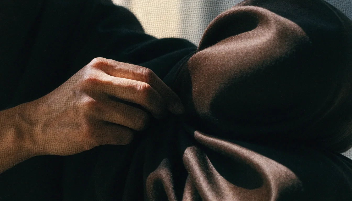 Close crop of a hand adjusting a draping sleeve at the elbow
