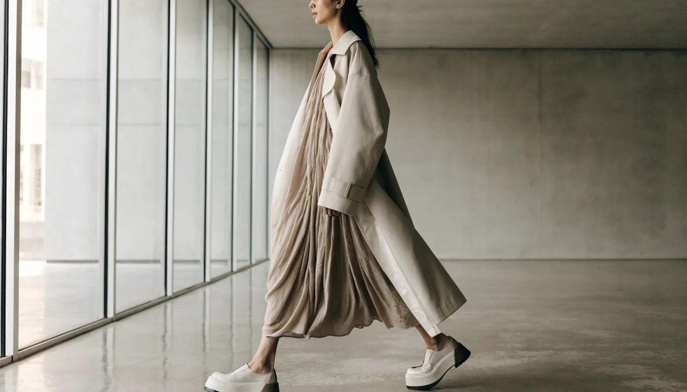 Editorial figure in a bar jacket and wide-leg trouser against a bare studio wall