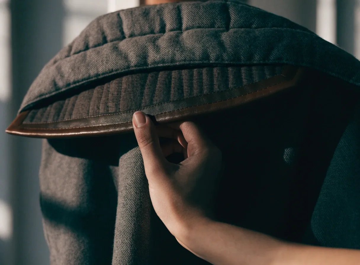 Close view of a heavy cotton twill weave beside a leather panel under raking light