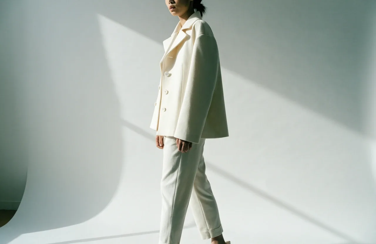 Editorial figure in a soft tailored jacket and straight-leg trousers against a bare studio wall