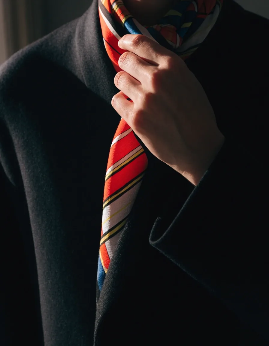 Hand adjusting a bold printed scarf against a plain dark coat at the neckline