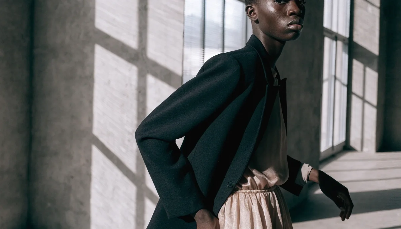 Hand adjusting a draping sleeve where a fine inner layer meets a heavy coat