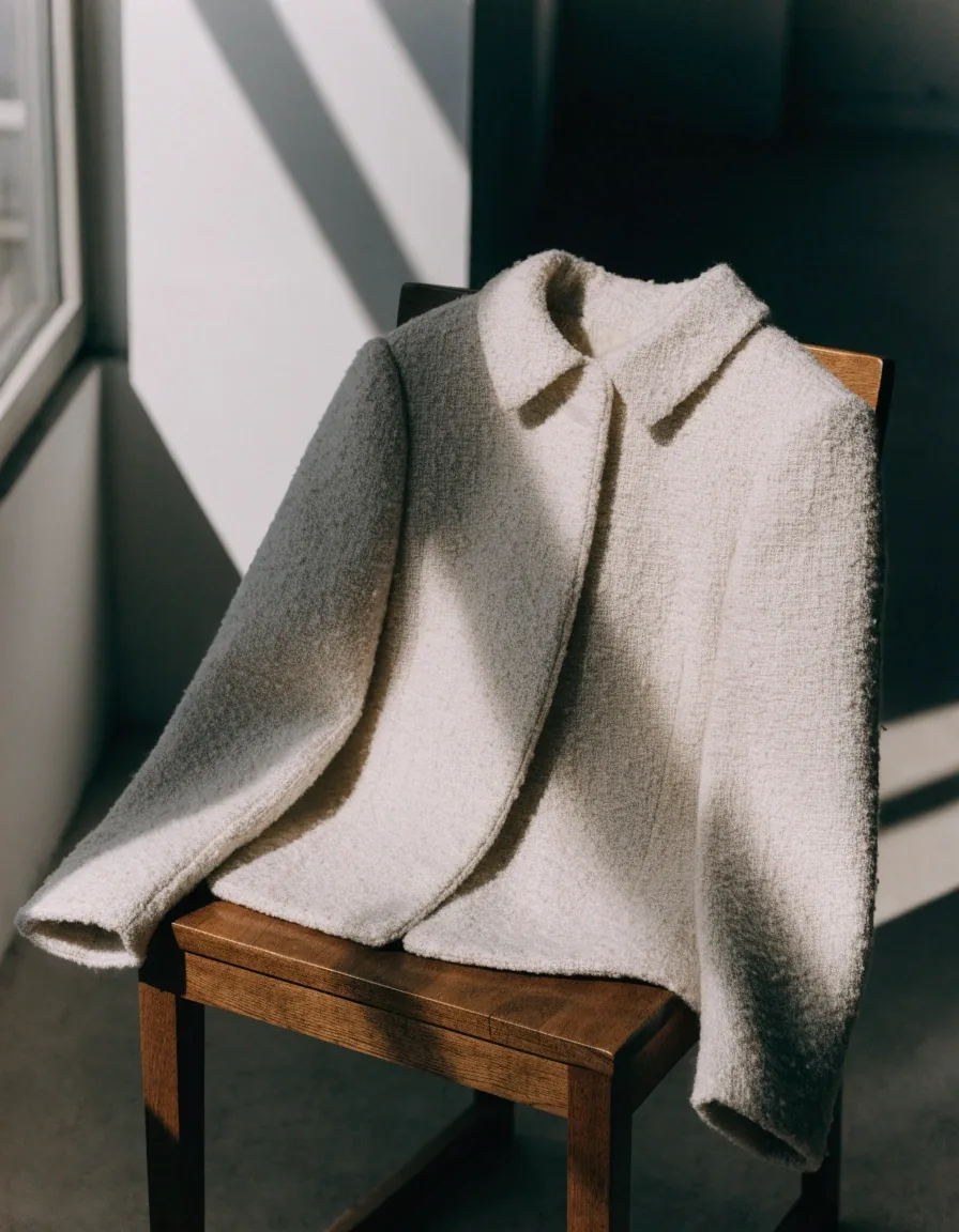Structured bar jacket on a plain wooden chair, side-lit, whole silhouette legible