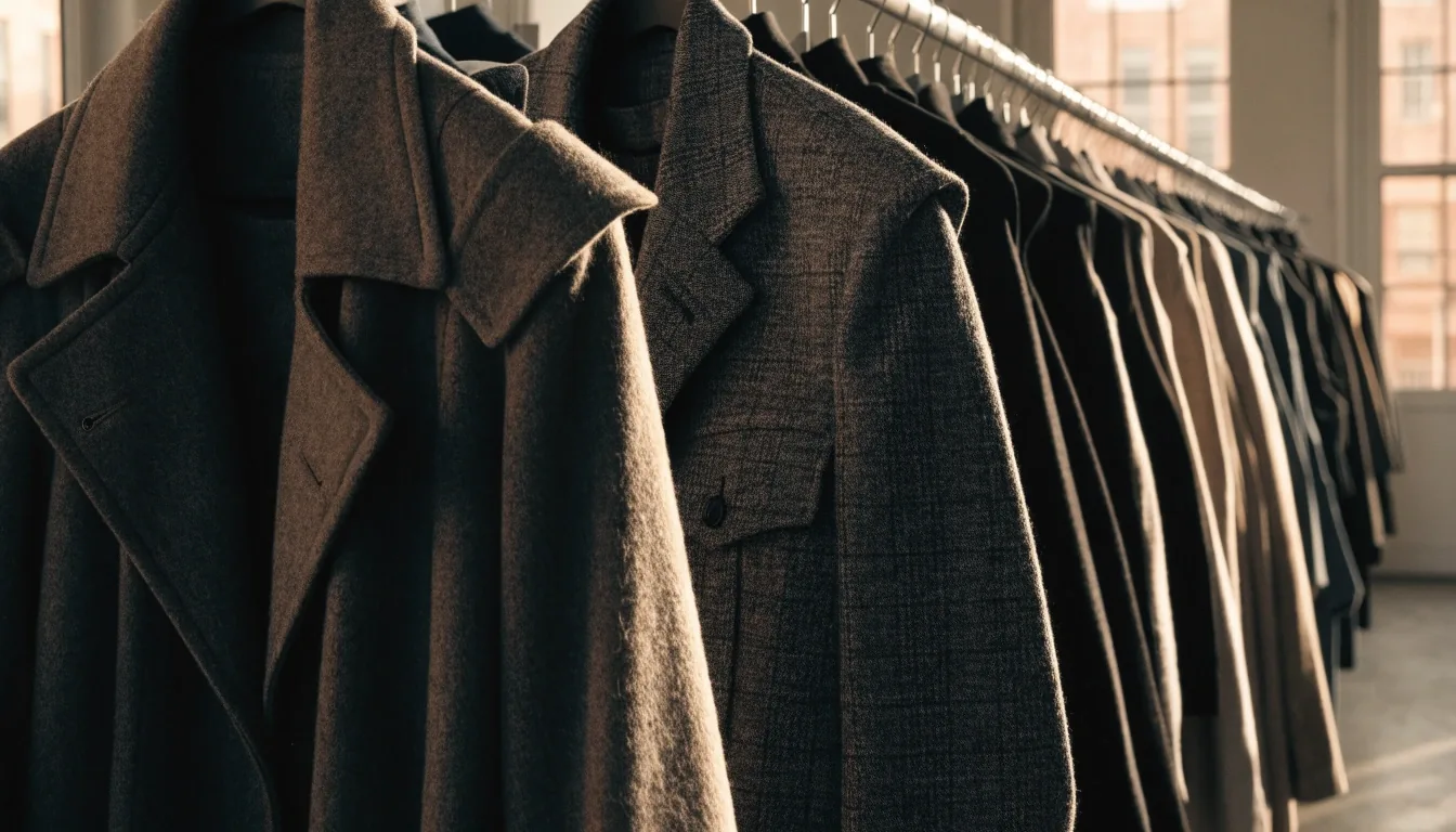 Wide rack of garments on hangers backlit by a window, silhouettes reading as shapes