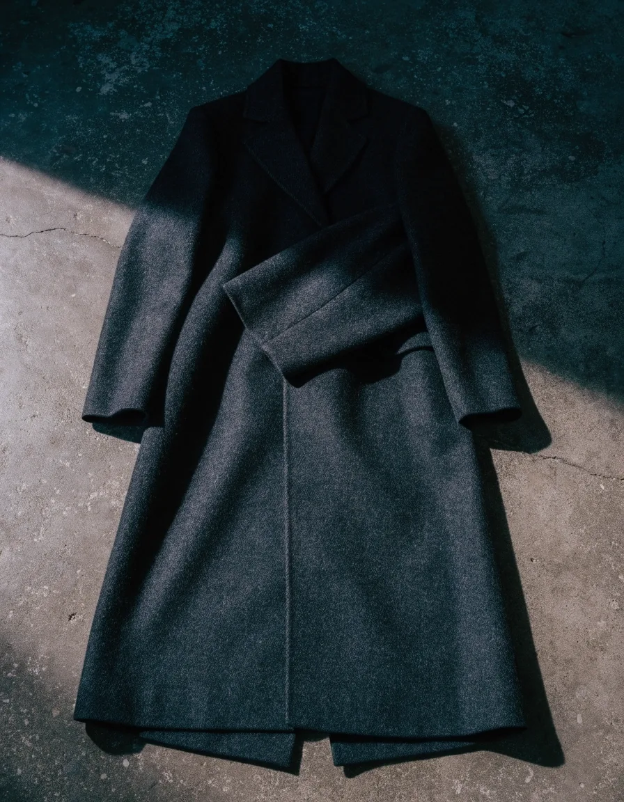 A charcoal wool overcoat laid flat on a bare concrete studio floor in cool directional window light