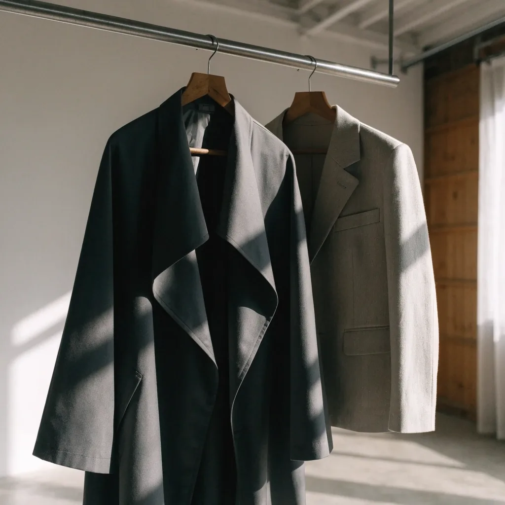 A wide rack of garments on simple hangers backlit by a large studio window, silhouettes reading as shapes