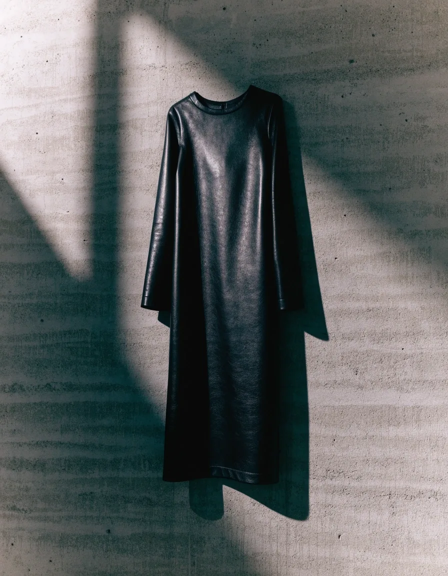 A single leather shift dress against a plain wall with one hard shadow line