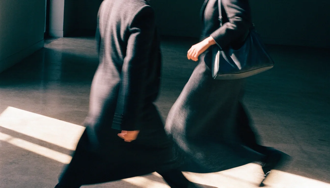 Two figures mid-stride crossing a bare concrete floor, hems blurred in motion